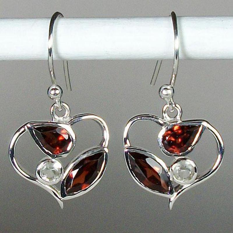 Eye Of The Heart Red Garnet and Clear Quartz Heart Earrings || .925 Sterling Silver || Grounding, Cleansing
