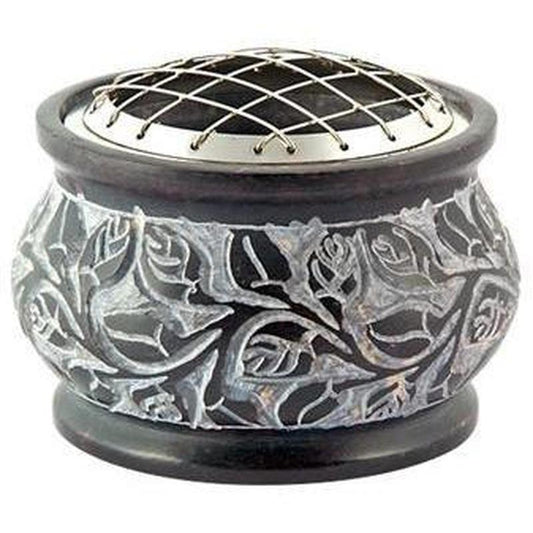 Floral Carved Natural Soapstone Screen Charcoal Burner-Nature's Treasures
