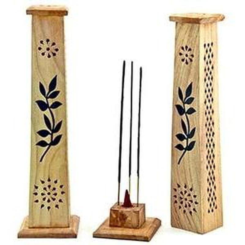 Floral Design Wooden Tower Burner for Sticks and Cone