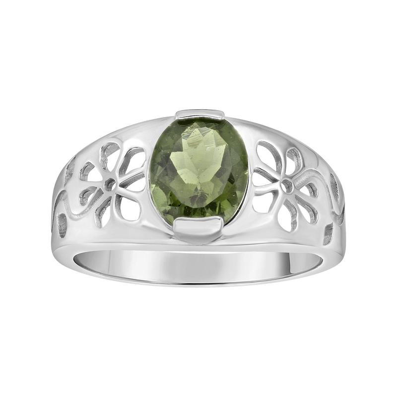 Floral Pattern Multi-Faceted Oval Shape Moldavite Ring || .925 Sterling Silver-Nature's Treasures
