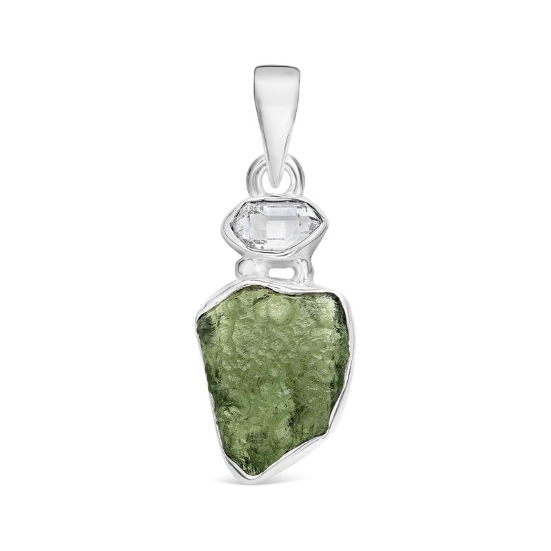 Free Form Moldavite With Herkimer Diamond Pendant || .925 Sterling Silver-Nature's Treasures