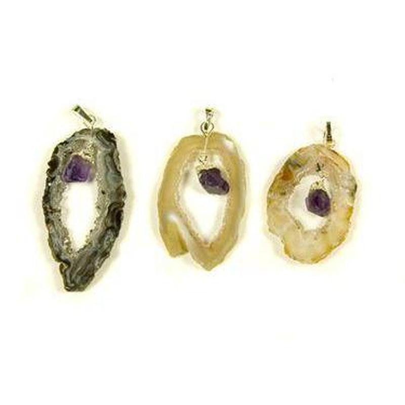 Geode Slice with Amethyst Point Silver Plated Pendant