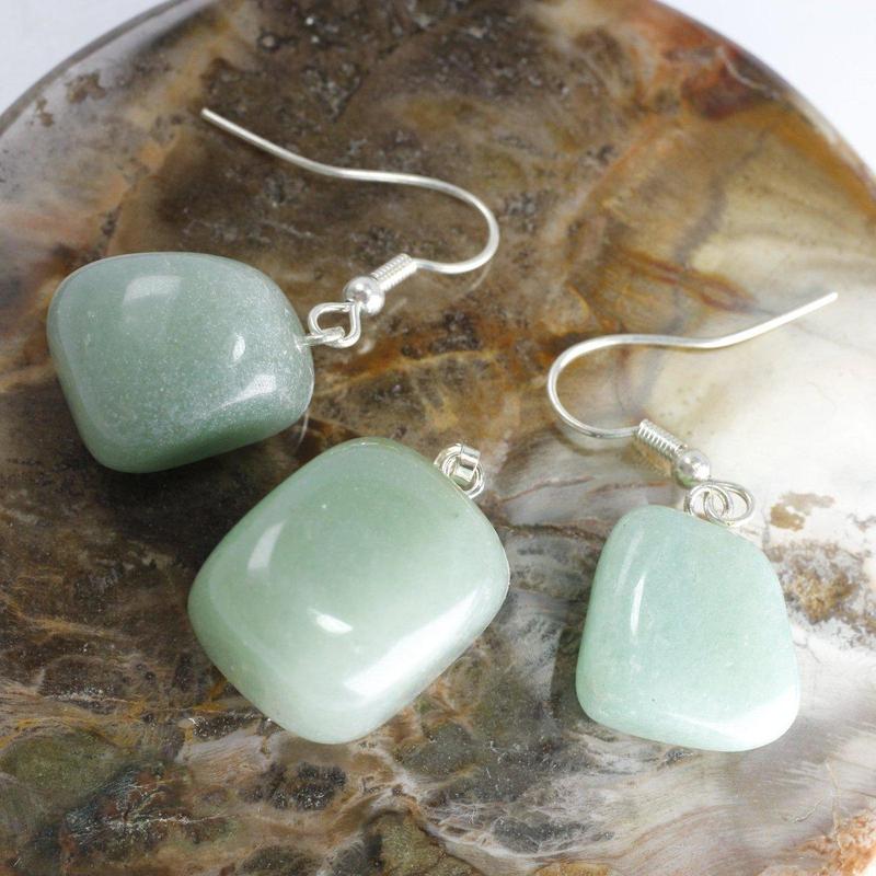 Green Aventurine Tumble Stone Jewelry Set || Pendant & Earrings
