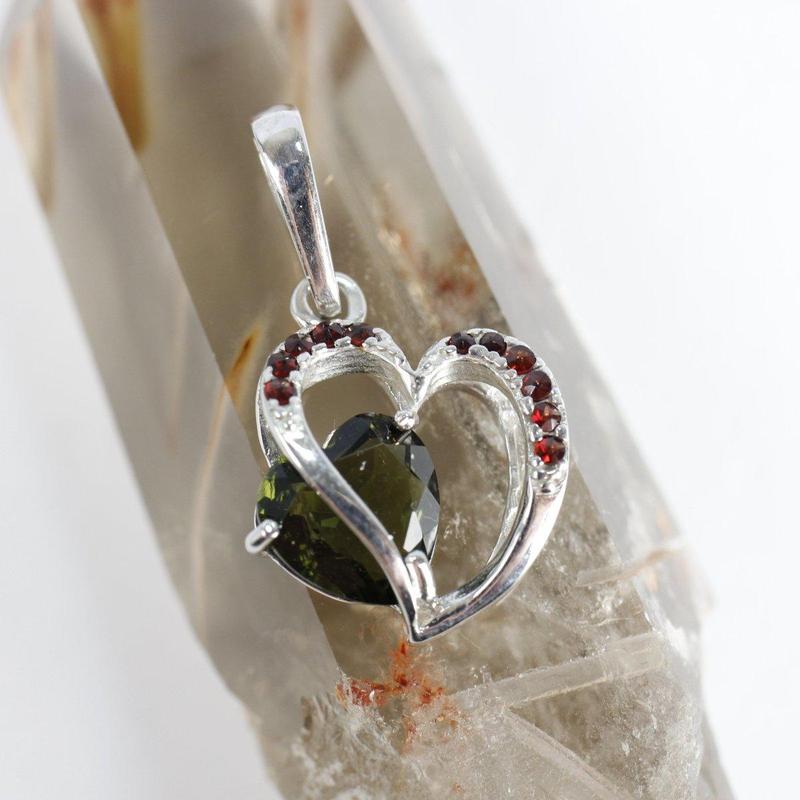 Heart Shape Moldavite With Garnet Pendant || .925 Sterling Silver-Nature's Treasures