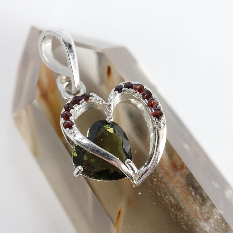 Heart Shape Moldavite With Garnet Pendant || .925 Sterling Silver-Nature's Treasures