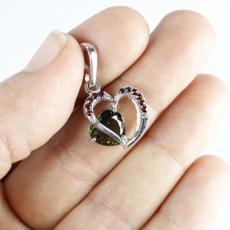Heart Shape Moldavite With Garnet Pendant || .925 Sterling Silver-Nature's Treasures