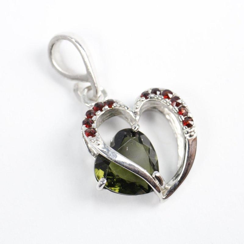Heart Shape Moldavite With Garnet Pendant || .925 Sterling Silver-Nature's Treasures