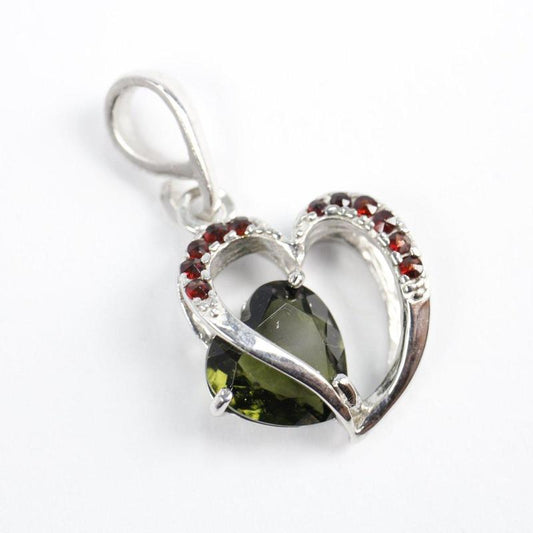 Heart Shape Moldavite With Garnet Pendant || .925 Sterling Silver-Nature's Treasures