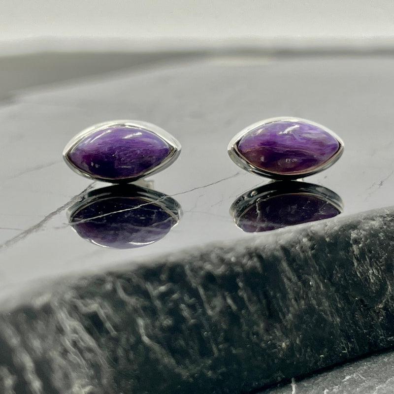 High-Quality Charoite Stud Earrings Russia || .925 Sterling Silver-Nature's Treasures