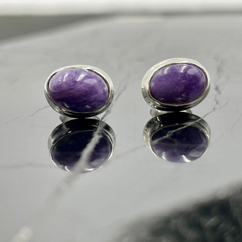 High-Quality Charoite Stud Earrings Russia || .925 Sterling Silver-Nature's Treasures