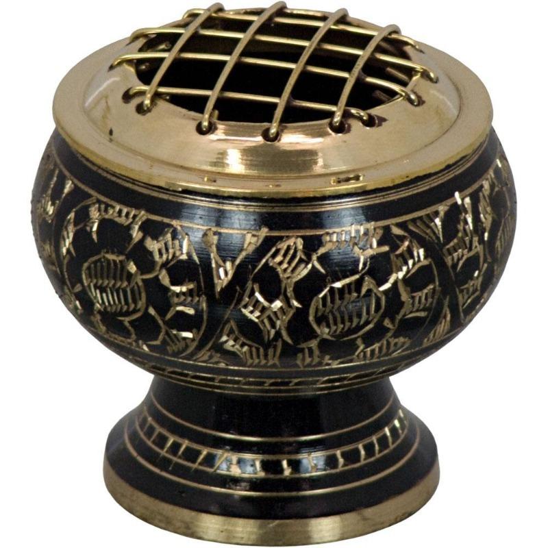 Incense Charcoal Burner Carved Brass With Screen Top || Black-Nature's Treasures