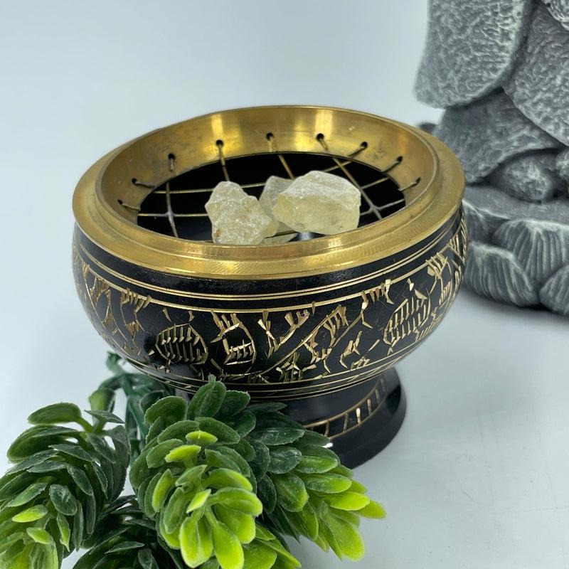 Incense Charcoal Burner Carved Brass With Screen Top || Black-Nature's Treasures