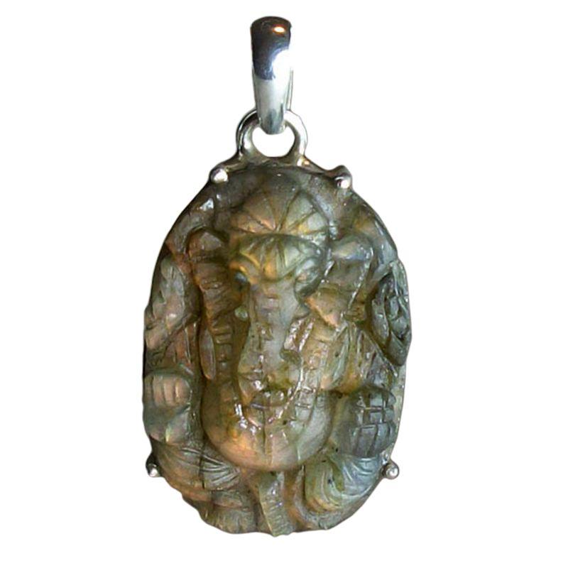 Labradorite Carved Ganesh Pendant Sterling Silver || .925 Sterling Silver-Nature's Treasures
