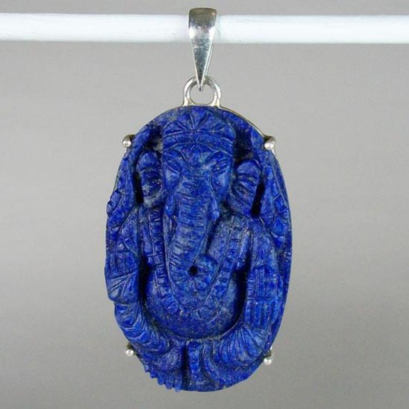 Lapis Carved Ganesh Pendant Sterling Silver || .925 Sterling Silver-Nature's Treasures
