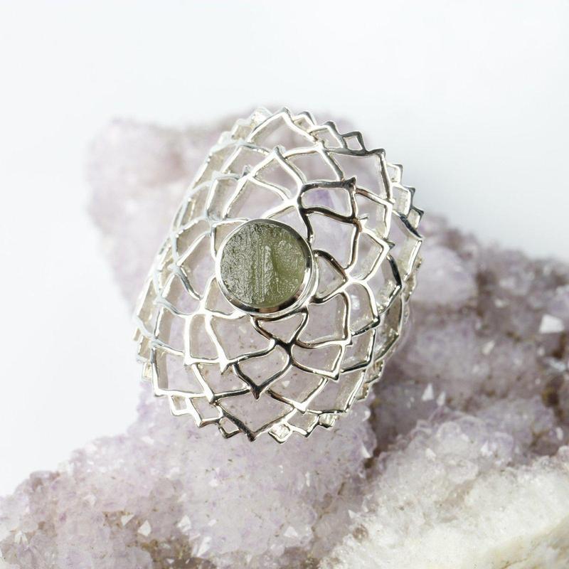 Mandala Moldavite Flower Of Life Ring Sterling Silver-Nature's Treasures
