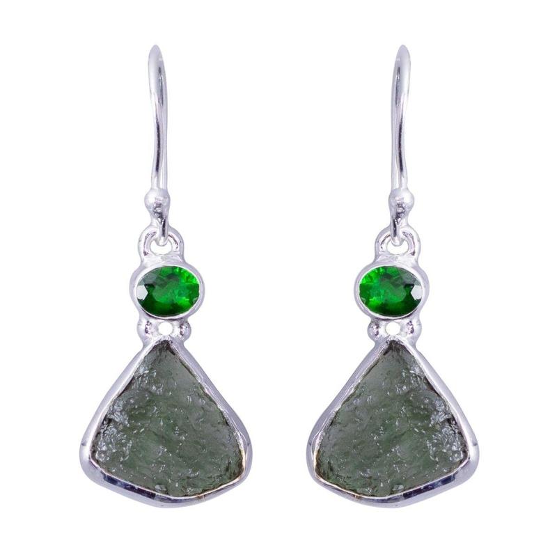 Moldavite With Chrome Diopside French Hook Earrings || .925 Sterling Silver-Nature's Treasures