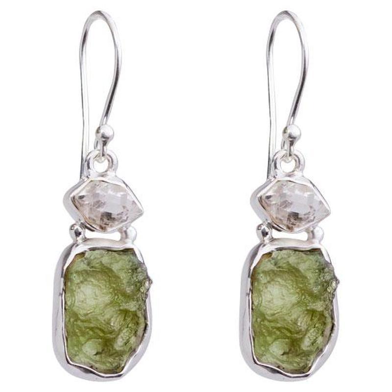 Moldavite With Herkimer Diamond French Hook Earrings || .925 Sterling Silver-Nature's Treasures