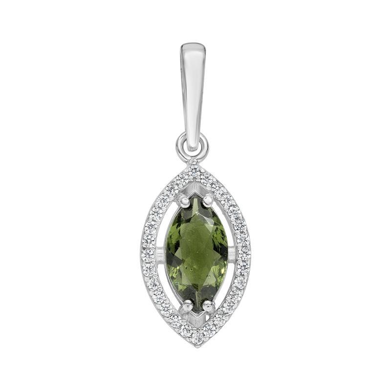 Moldavite and Cubic Zirconia Faceted Marquise Pendant || Transformation || Czech Republic || .925 Sterling Silver-Nature's Treasures