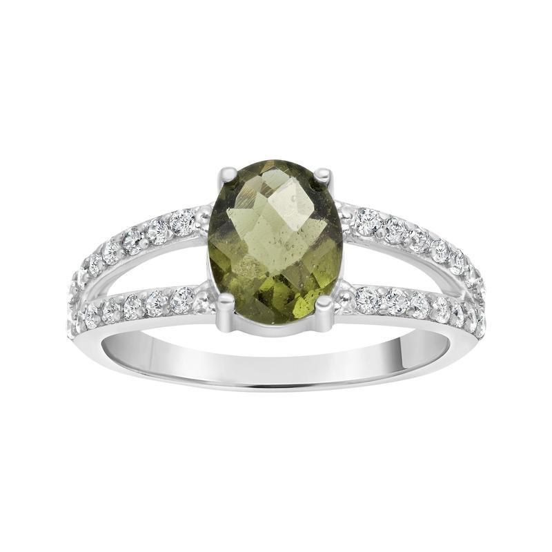 Moldavite and Cubic Zirconia Faceted Oval Ring || .925 Sterling Silver-Nature's Treasures