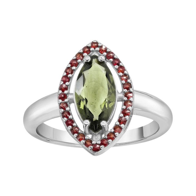 Moldavite and Garnet Faceted Marquise Ring || .925 Sterling Silver
