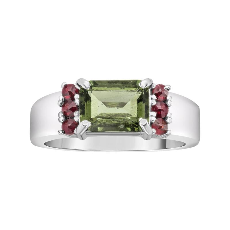 Moldavite and Garnet Faceted Rectangle Ring || Transformation || Czech Republic || .925 Sterling Silver-Nature's Treasures