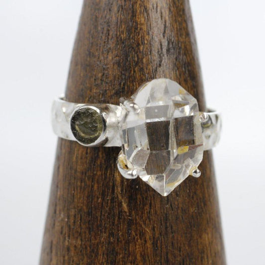 Moldavite and Herkimer Ring Sterling Silver-Nature's Treasures