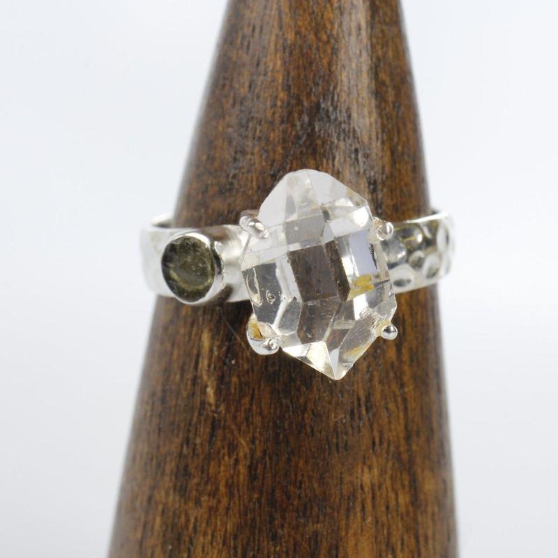 Moldavite and Herkimer Ring Sterling Silver-Nature's Treasures