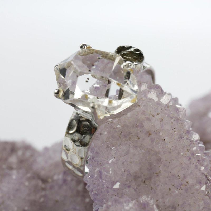 Moldavite and Herkimer Ring Sterling Silver-Nature's Treasures