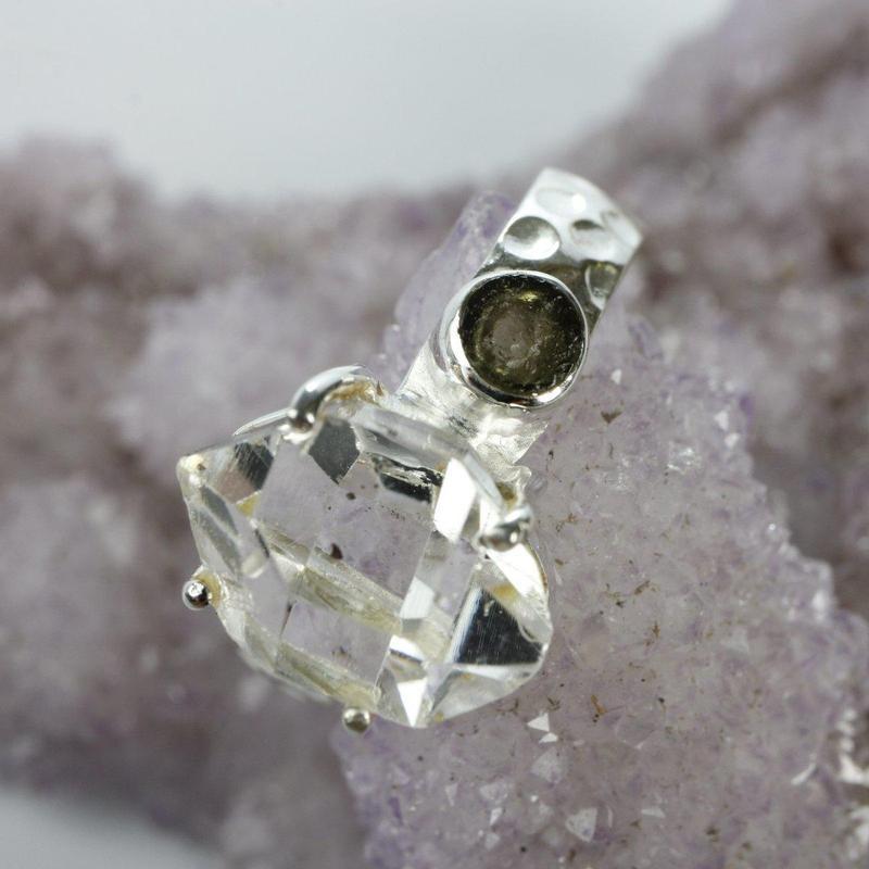 Moldavite and Herkimer Ring Sterling Silver-Nature's Treasures