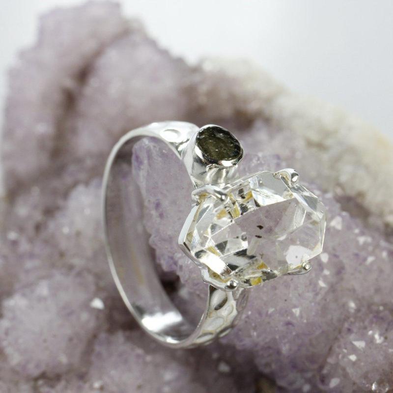 Moldavite and Herkimer Ring Sterling Silver-Nature's Treasures