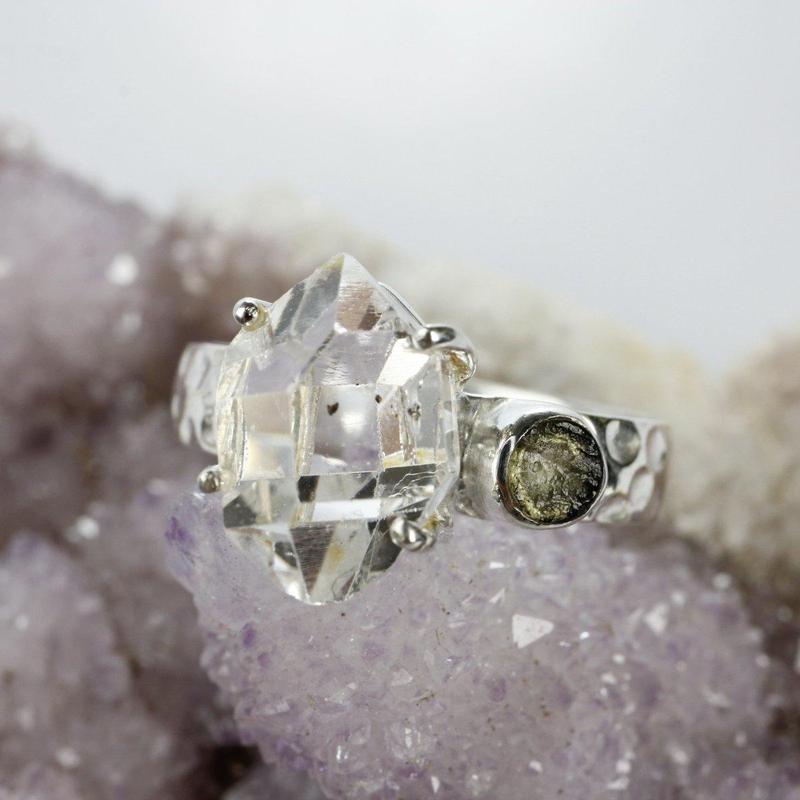 Moldavite and Herkimer Ring Sterling Silver-Nature's Treasures