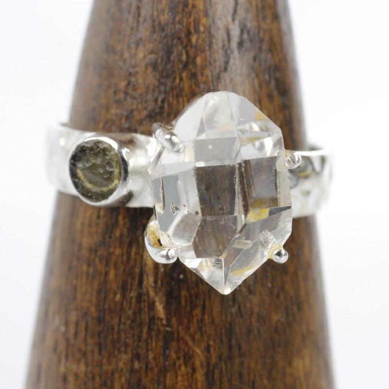 Moldavite and Herkimer Ring Sterling Silver-Nature's Treasures