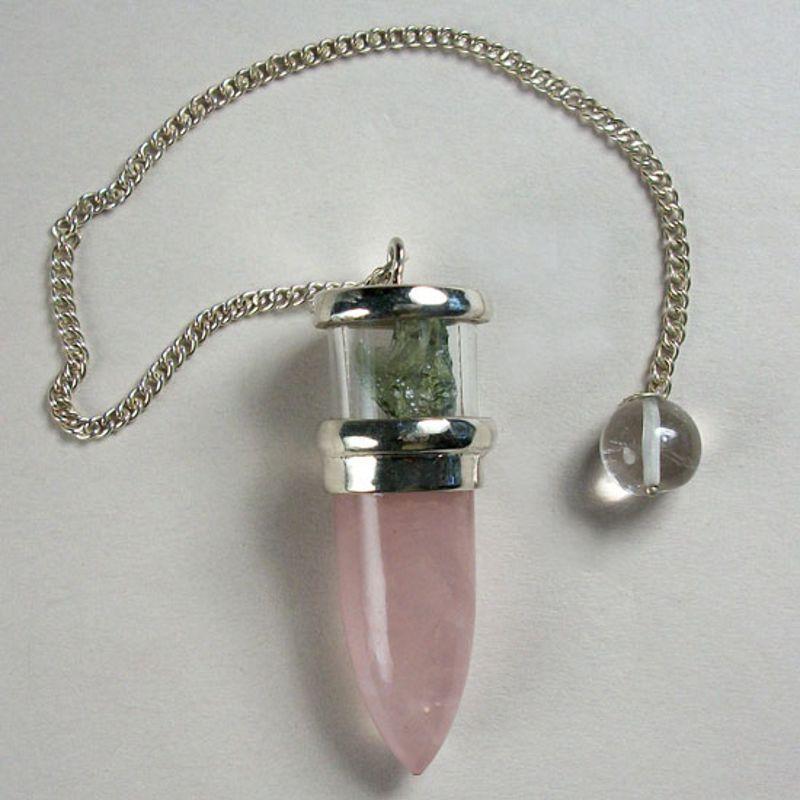 Moldavite and Rose Quartz Pendulum || .925 Sterling Silver-Nature's Treasures