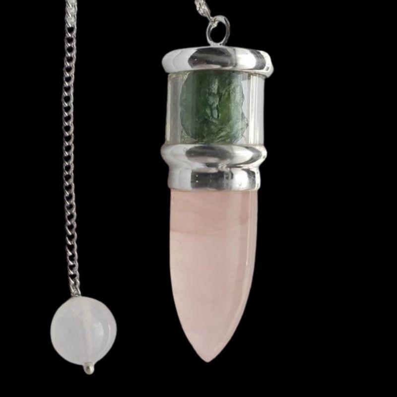 Moldavite and Rose Quartz Pendulum || .925 Sterling Silver