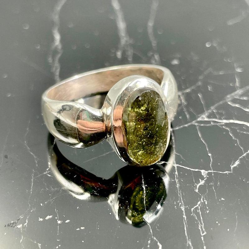 Moldavite faceted Polished Oval Ring Size 8.5 || Transformation || Czech Republic || .925 Sterling Silver-Nature's Treasures