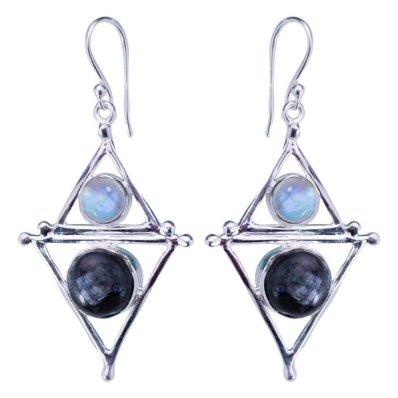 Moon Phases - Larvikite & Rainbow Moonstone Earrings || .925 Sterling Silver-Nature's Treasures