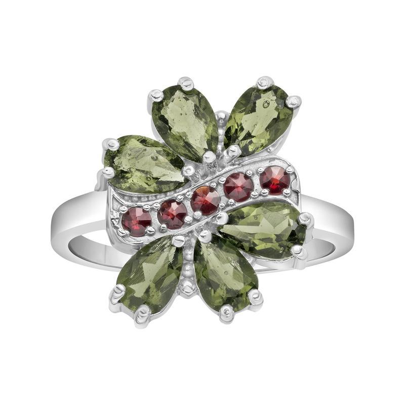 Multi-Faceted 6 Pear Shape Moldavite With Garnet Ring || .925 Sterling Silver-Nature's Treasures