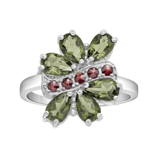 Multi-Faceted 6 Pear Shape Moldavite With Garnet Ring || .925 Sterling Silver-Nature's Treasures