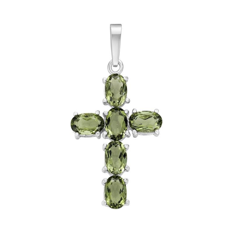 Multi-Faceted Flat Cushion Moldavite Cross Pendant || .925 Sterling Silver