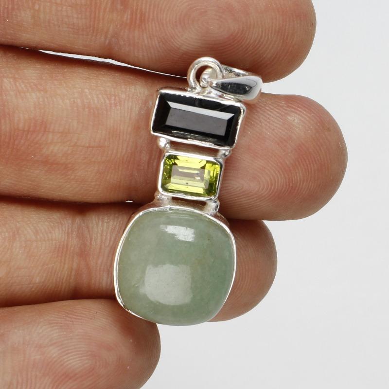 Multi-Faceted Jade, Peridot, Black Tourmaline Pendant || .925 Sterling Silver-Nature's Treasures