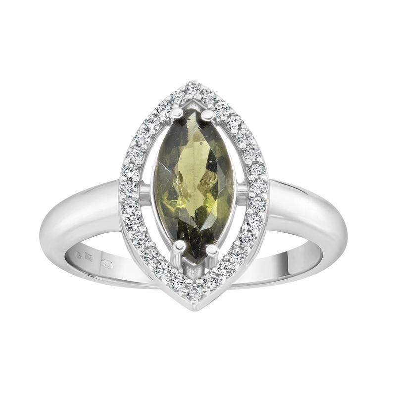 Multi-Faceted Marquise Design Moldavite With Cubic Zirconia Ring || .925 Sterling Silver-Nature's Treasures