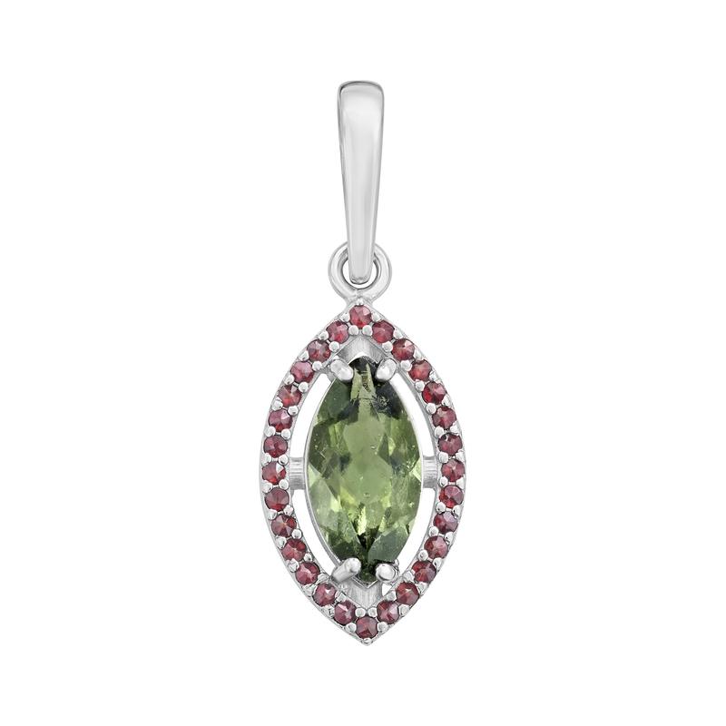 Multi-Faceted Marquise Shape Moldavite With Garnet Pendant || .925 Sterling Silver-Nature's Treasures