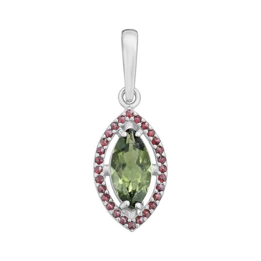 Multi-Faceted Marquise Shape Moldavite With Garnet Pendant || .925 Sterling Silver-Nature's Treasures