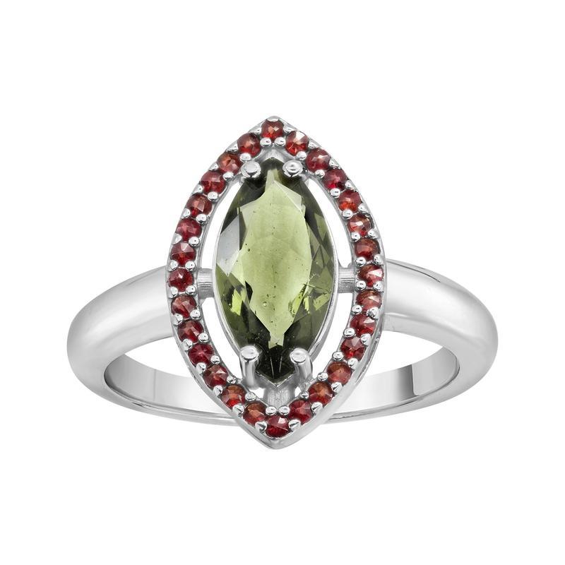 Multi-Faceted Marquise Shape Moldavite With Garnet Ring || .925 Sterling Silver-Nature's Treasures