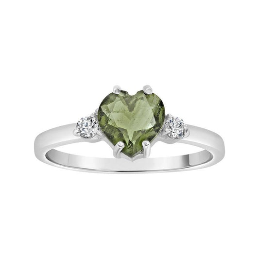 Multi-Faceted Moldavite Heart Shape With Cubic Zirconia Ring || .925 Sterling Silver-Nature's Treasures