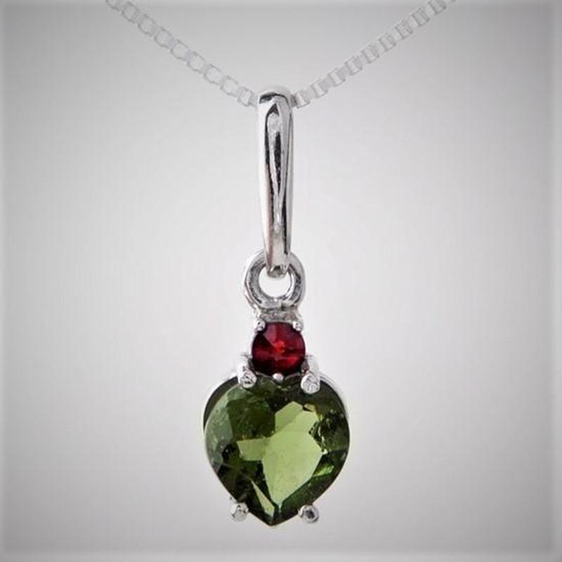 Multi-Faceted Moldavite Heart With Garnet Pendant || .925 Sterling Silver-Nature's Treasures