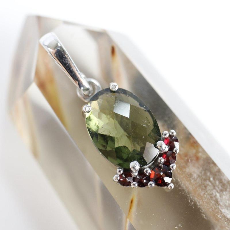 Multi-Faceted Moldavite With Garnet Pendant || .925 Sterling Silver-Nature's Treasures