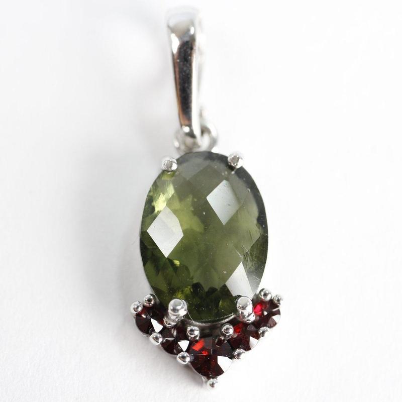 Multi-Faceted Moldavite With Garnet Pendant || .925 Sterling Silver-Nature's Treasures