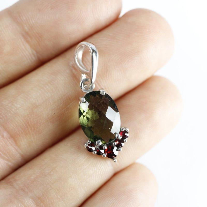 Multi-Faceted Moldavite With Garnet Pendant || .925 Sterling Silver-Nature's Treasures