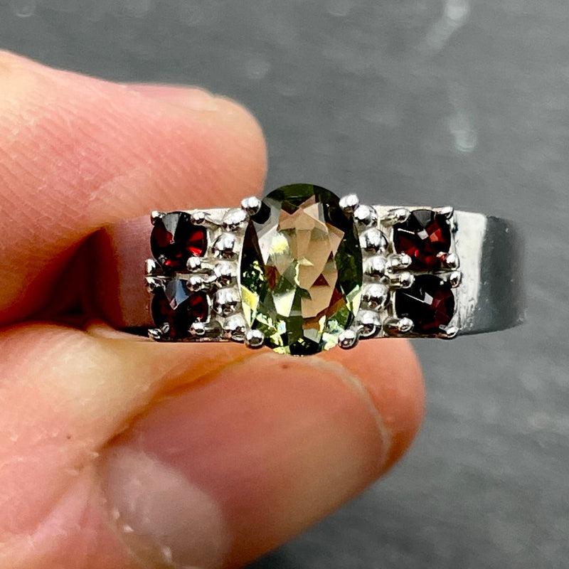 Multi-Faceted Oval Moldavite With Garnet Ring || .925 Sterling Silver-Nature's Treasures